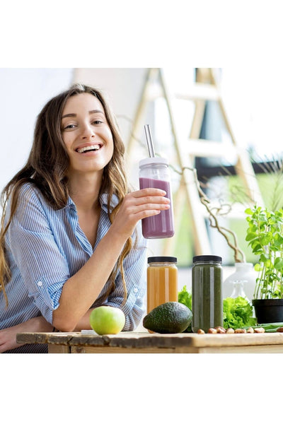 ABAZLAR 1 Adet (Pipet ve 2 Kapaklı) Cam Bardak , Hava Geçirmez Kapak, Meyve Suyu, Boba, Smoothie,