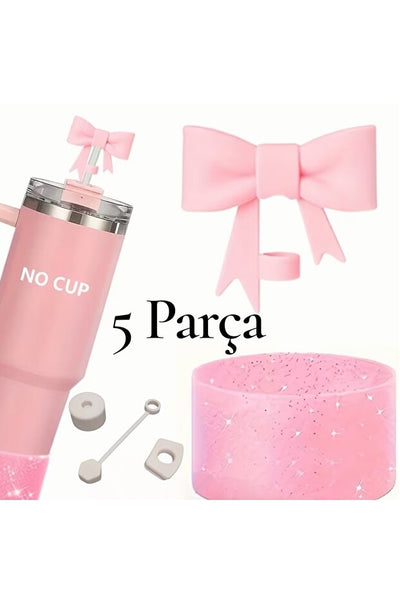 Yenigeldi 5 Parça :Toz Pembe Termos Sızdırmaz Seti | Fiyonk Pipet Tıpası ve Simli Taban