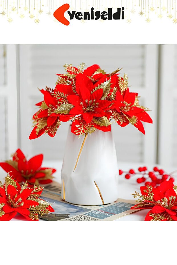 Yenigeldi 4 Adet Simli Atatürk Çiçeği Yılbaşı Ağacı Süsü Noel Çiçeği Kırmızı Gold 14 cm