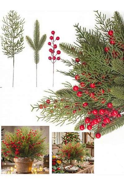 Yenigeldi 1 Set ( 9 parça ) 30 cm Şans Getiren Yapay Kokina Çiçeği | Kırmızı Meyveli Yılbaşı Çam Dalı ve Dekoratif Masa Süsü