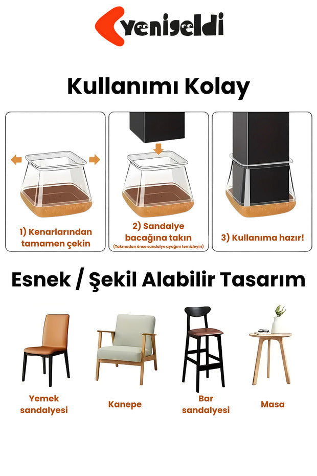 4 Adet Kare Sandalye Papucu (1.5–2.2CM) Şeffaf Silikon Kalın Keçeli Zemin Koruyucu Mobilya Ayağı