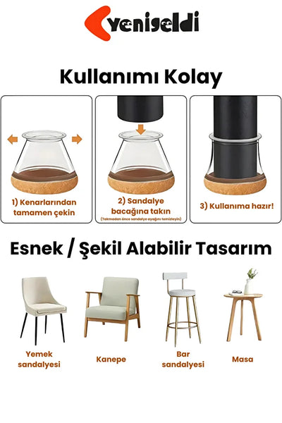 4 Adet Yuvarlak Sandalye Papucu (2.3–2.7 CM) Şeffaf Silikon Kalın Zemin Koruyucu Keçeli Ayak Kılıfı