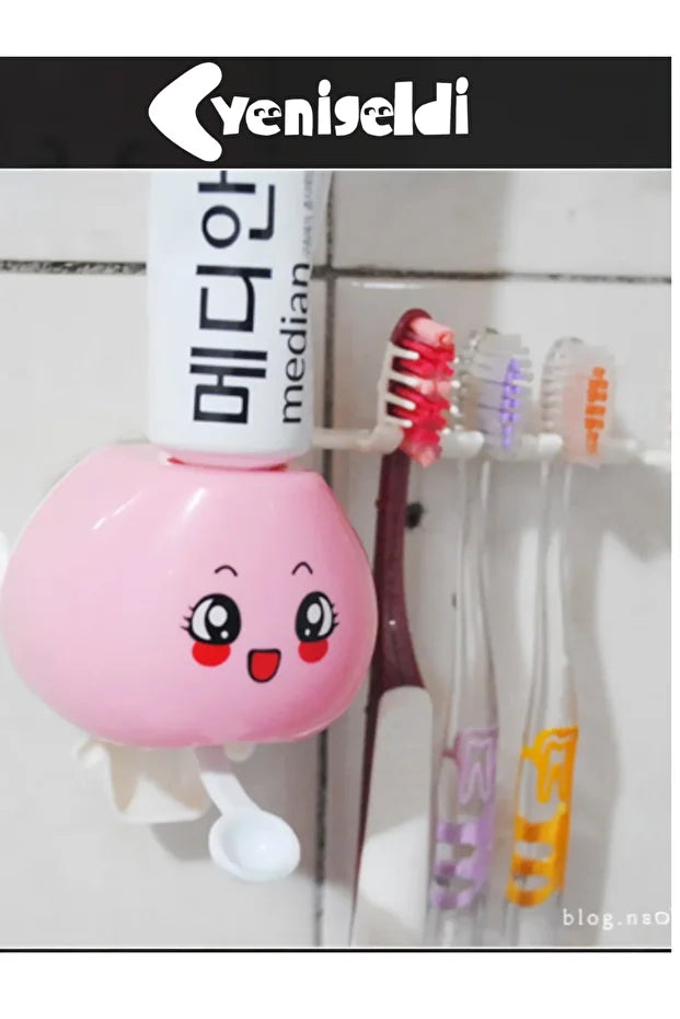 Sevimli Pembe Diş Macunu Dispenseri + 4'lü Diş Fırçası Tutucu | Vakumlu Banyoluk Organizer