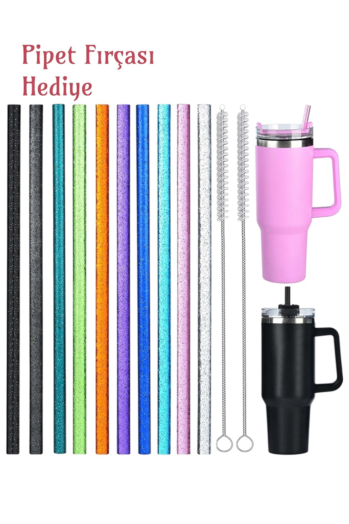 Yenigeldi 6 Adet 30cm ile Uyumlu Tritan Parıltılı Simli Pipet+ Temizleme Fırçası - 40oz Stanly Quencher Uyumlu