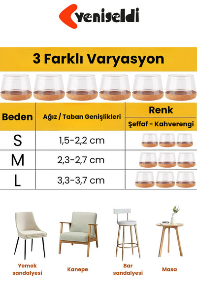 8 Adet Yuvarlak Sandalye Papucu (1,5-2,2 cm) Şeffaf Silikon Zemin Koruyucu Keçeli Ayak Kılıfı