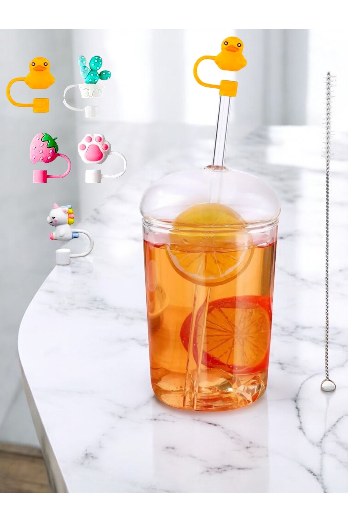Yenigeldi Kubbe Kapaklı Pipetli Tumbler Isıya Dayanıklı Borosilikat Cam Bardak Kahve Meyve Suyu