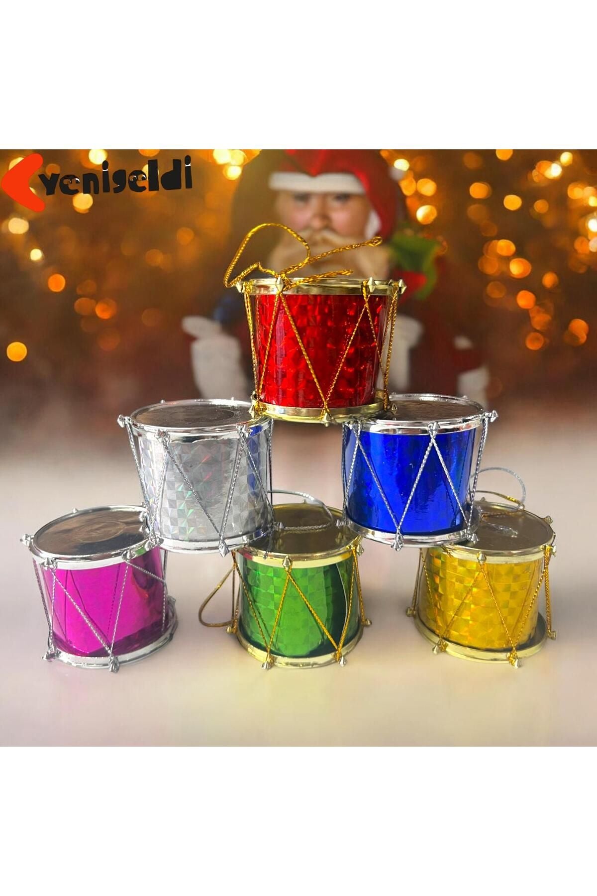 Yenigeldi 6 Adet Renkli Simli Mini Davul Noel Ağacı Süsleri, Asılı Noel Dekoru