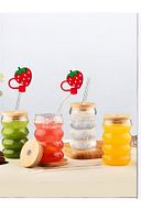 2 Adet Isıya Dayanıklı Cam Pipetli Ahşap Kapaklı Şeritli Boğumlu Bardak Kahve Meyve Suyu Bardağı