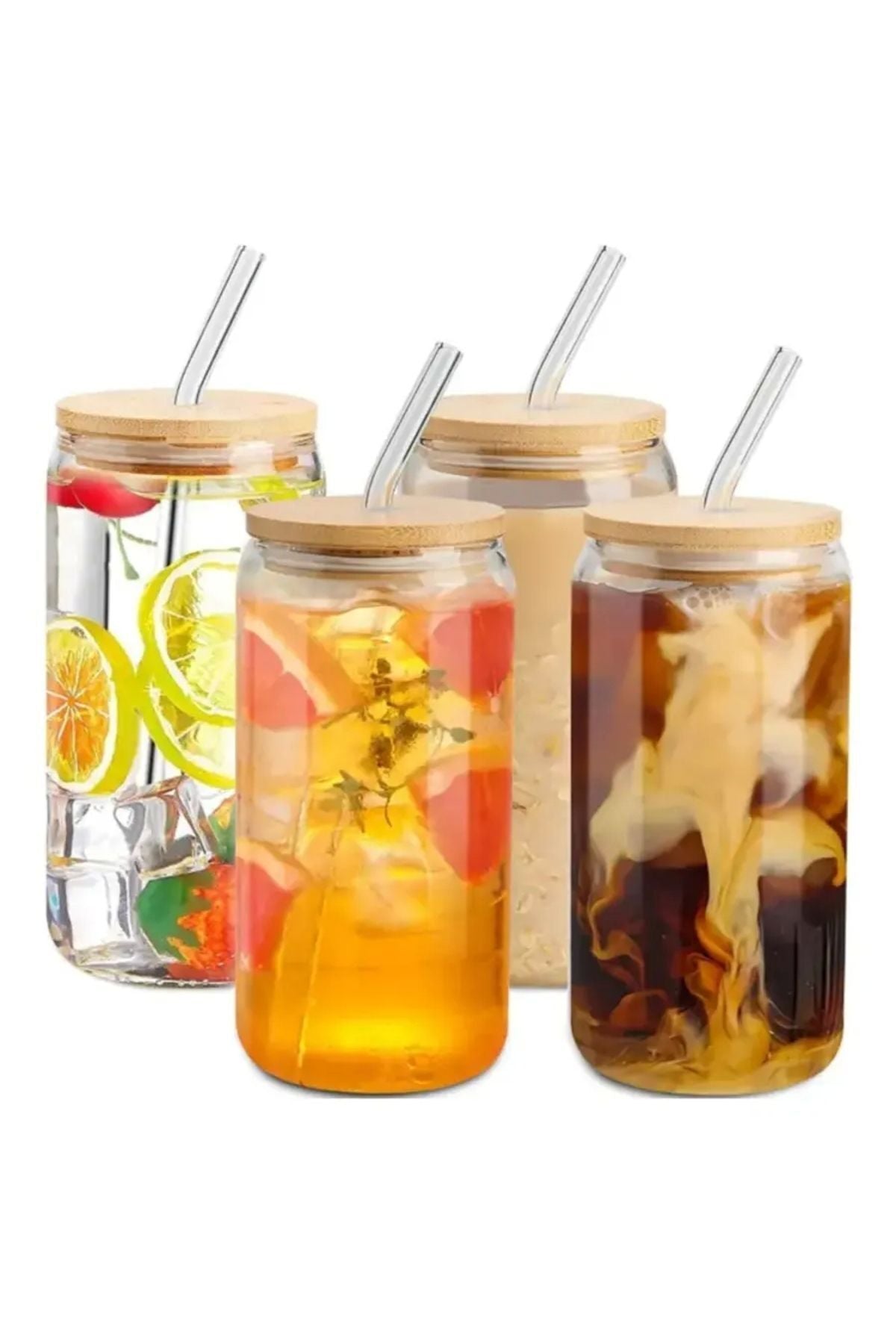 Yenigeldi 4 Adet Bambu Kapaklı Cam Bardak Buzlu Kahve Smoothie Kokteyl Bardağı 4 Cam Pipet Ve 2 Temizleme Fırç