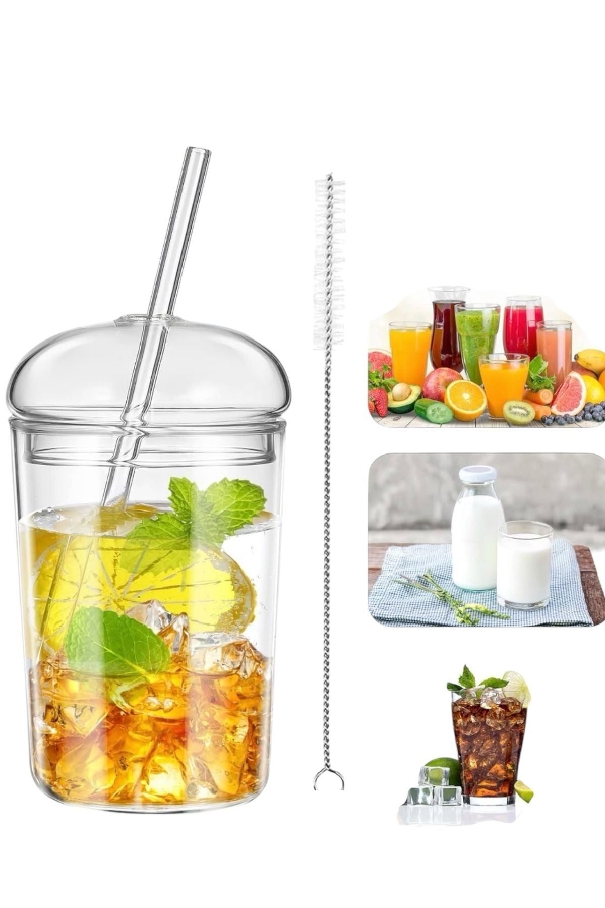 Yenigeldi Kubbe Kapaklı Pipetli Tumbler Isıya Dayanıklı Borosilikat Cam Bardak Kahve Meyve Suyu
