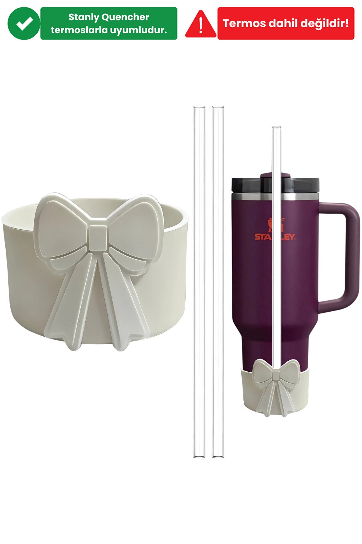 Yenigeldi Stnly Quencher 40/30oz Uyumlu Beyaz Fiyonklu Silikon Termos Botu Koruyucu 2 Adet 30cm Tritan Pipet