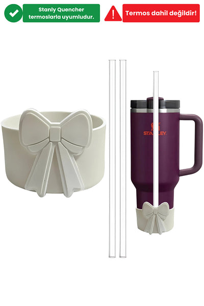 Yenigeldi Stnly Quencher 40/30oz Uyumlu Beyaz Fiyonklu Silikon Termos Botu Koruyucu 2 Adet 30cm Tritan Pipet