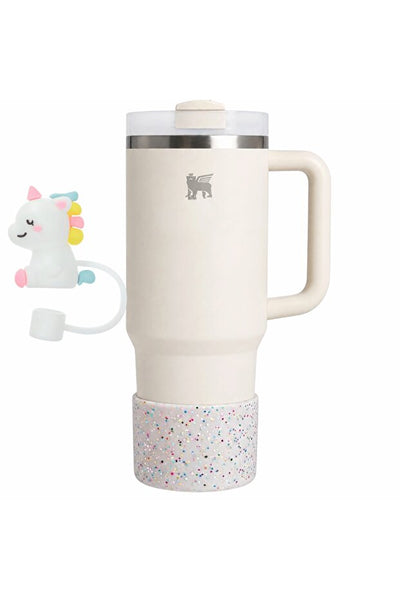 Yenigeldi Quencher Bardak Aksesuar Seti: Sevimli Unicorn Silikon Pipet Tıpası Toz ve Böcek Koruyucu ve Simli Taban Koruyucu