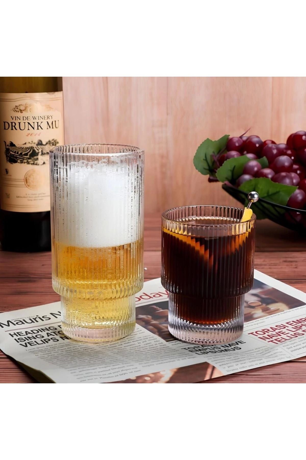 2 Adet Origami Şekilli Şeffaf Cam Bardak (1 B +1 K +2 Cam Pipet +1 Fırça) Buzlu Kahve, Kokteyl Barda