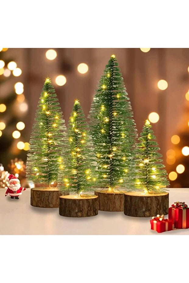 Işıklı Kar Efektli Işıklı Ağacı Seti – 4’lü Mini Çam Ağaçları (25-20-15-10 cm) + LED Işık