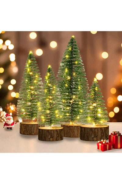Illuminated Tree Set with Light-Up Snow Effect – 4-Piece Mini Pine Trees (25-20-15-10 cm) + LED Light
