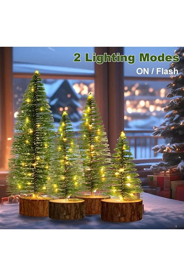 Işıklı Kar Efektli Işıklı Ağacı Seti – 4’lü Mini Çam Ağaçları (25-20-15-10 cm) + LED Işık