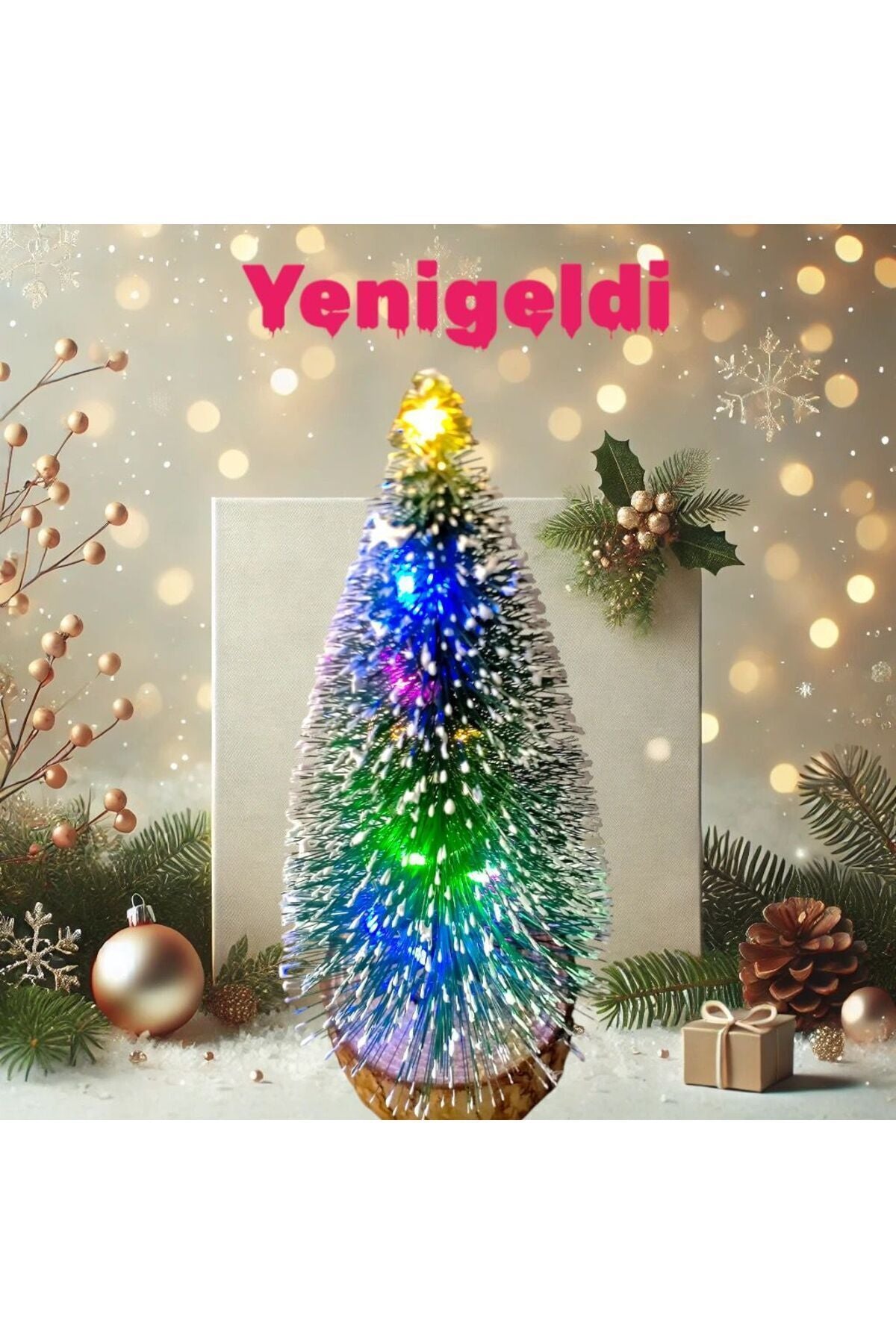 Yenigeldi 15-18 Cm Kendinden Işıklı Işıklı Masaüstü Yılbaşı Ağacı Çok Renkli Led Işıklar Ahşap Tabanlı