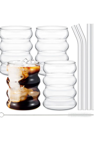 Yenigeldi 2-Piece Imported Heat-Resistant Borosilicate Ribbed Glass Set (2 Straws + 1 Straw Brush)