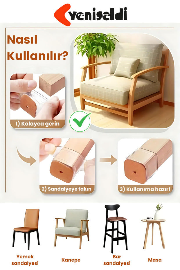 4 Adet Kare Sandalye Papucu (3.5–3.9cm) Şeffaf Silikon İnce Keçeli Zemin Koruyucu Mobilya Ayağı