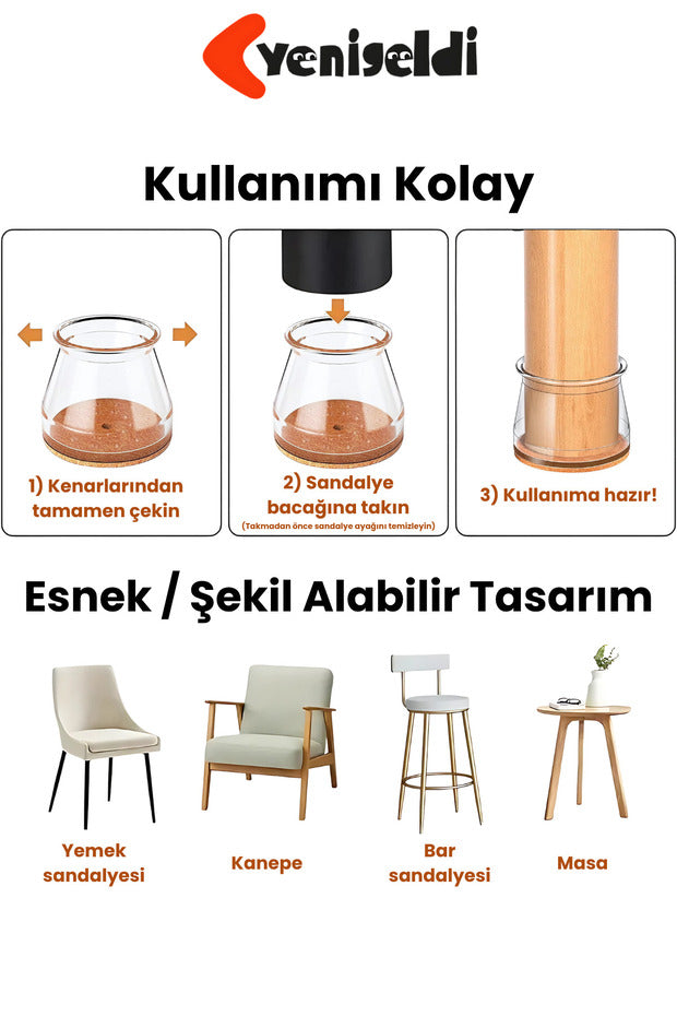 Yenigeldi 12 Adet Yuvarlak Sandalye Papucu (3.6–4.0 cm) Şeffaf Silikon İnce Zemin Koruyucu Keçeli Ayak Kılıfı