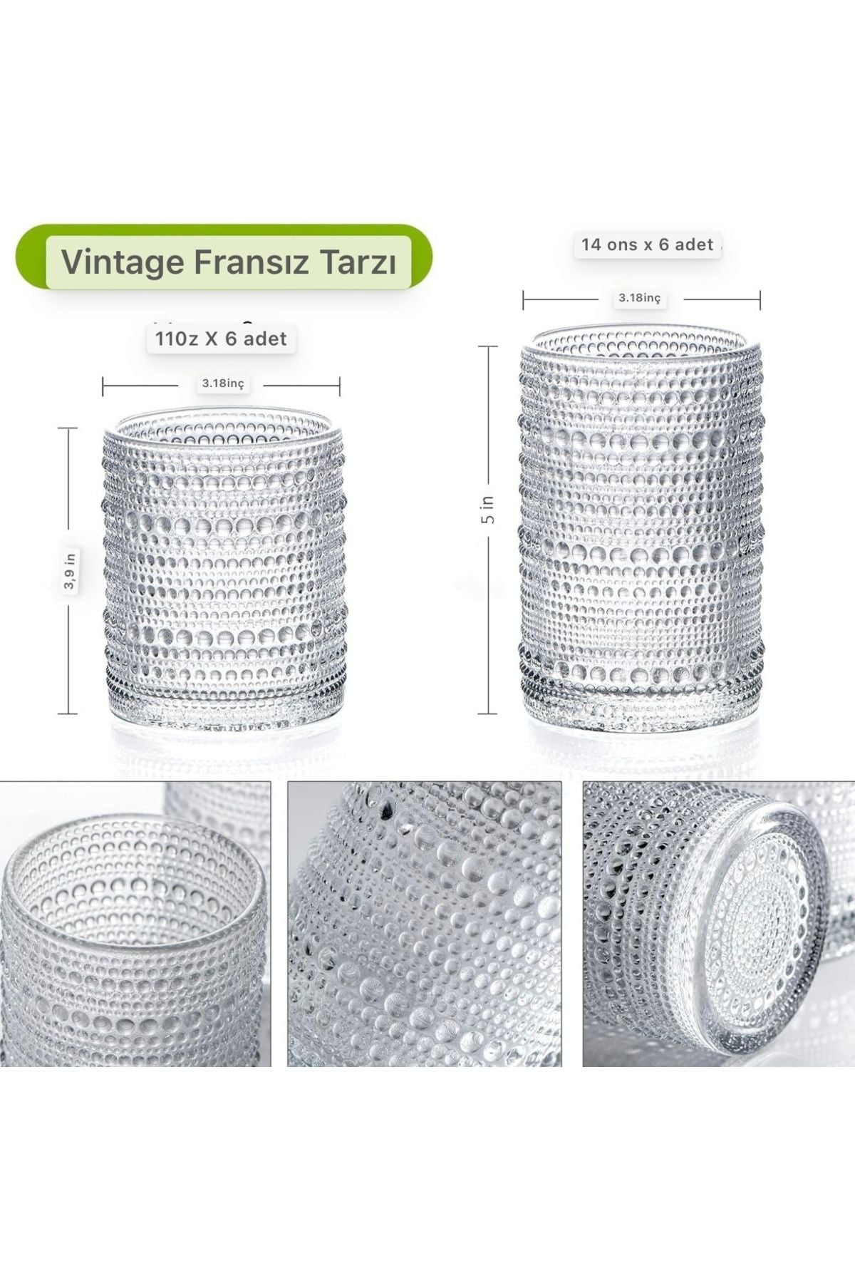 Yenigeldi 4 Adet y37 420 ml Vintage Hobnail Bardak Antika Boncuk Kabartmalı KahveViski