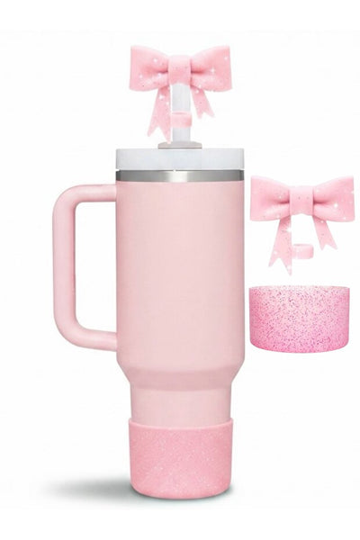 Yenigeldi Pembe Simli Silikon Termos Taban Koruyucu ve Fiyonk Pipet Tıpası Seti – Toz ve Böcek Engelleyici