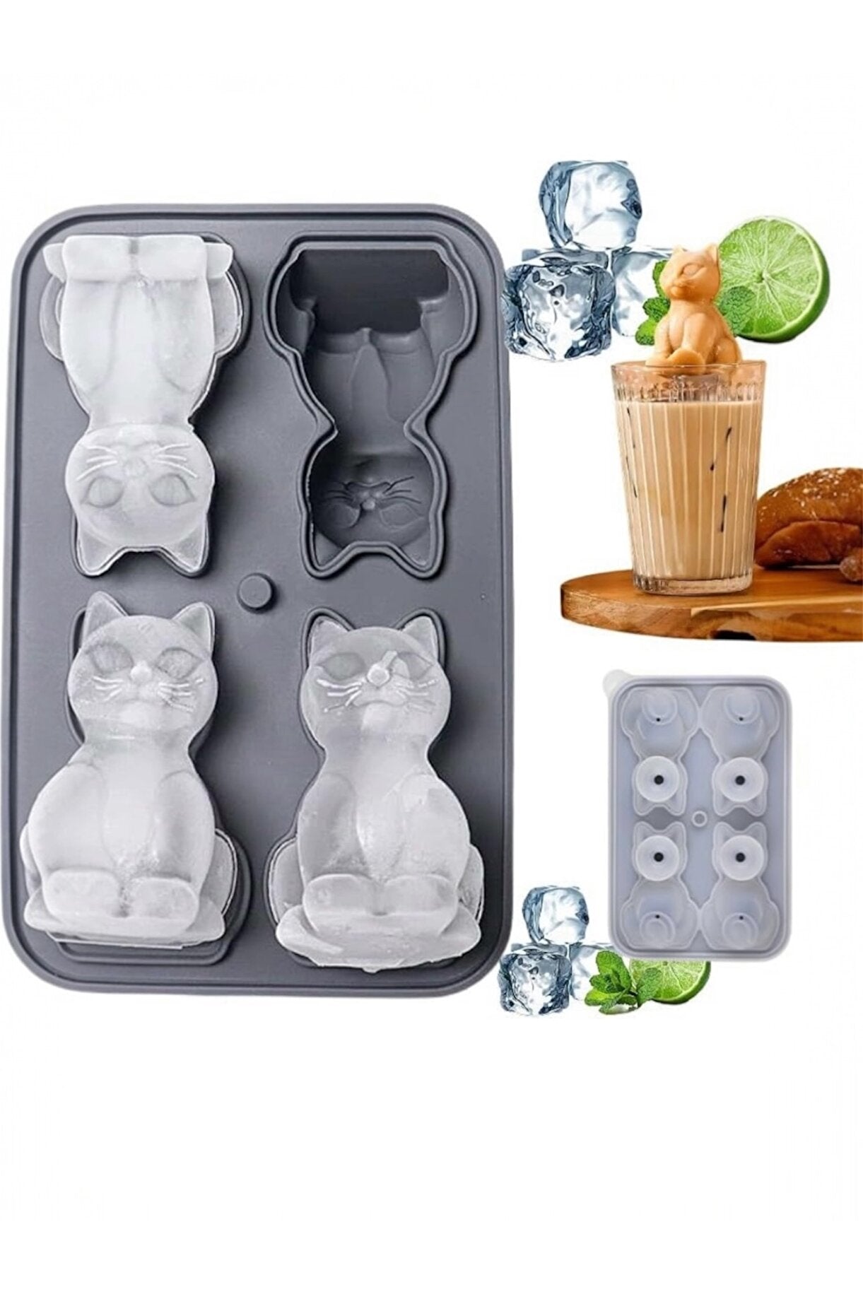 Yenigeldi 3D Kedi Silikon Buz ve Tatlı Kalıbı - 4’lü Dekoratif Buzluk, Çikolata Kalıbı (Sızdırmaz Kapaklı)