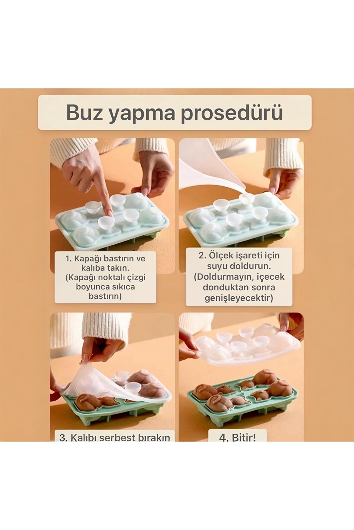 Yenigeldi 3D Kedi Silikon Buz ve Tatlı Kalıbı - 4’lü Dekoratif Buzluk, Çikolata Kalıbı (Sızdırmaz Kapaklı)