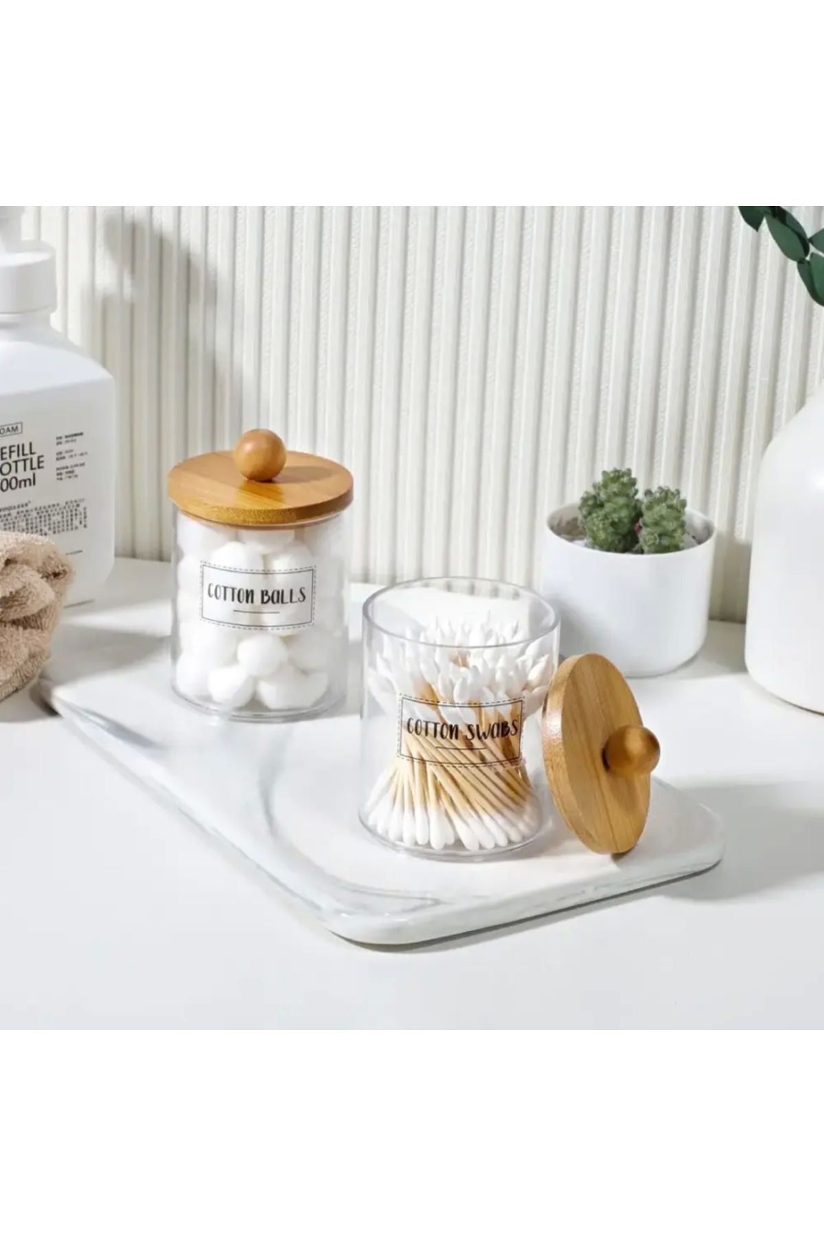 Yenigeldi 1 Adet ( 8* 6.5 Cm ) Bambu Kapaklı, Şeffaf Cam Kavanoz, Pamuk, Diş Ipi, Makyaj Fırçası