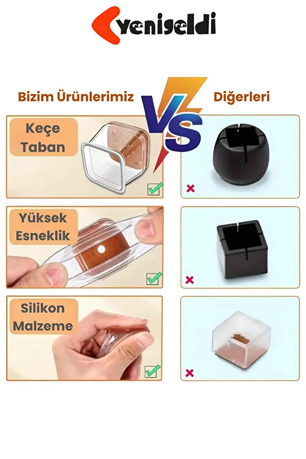 4 Adet Kare Sandalye Papucu (3.5–3.9cm) Şeffaf Silikon İnce Keçeli Zemin Koruyucu Mobilya Ayağı