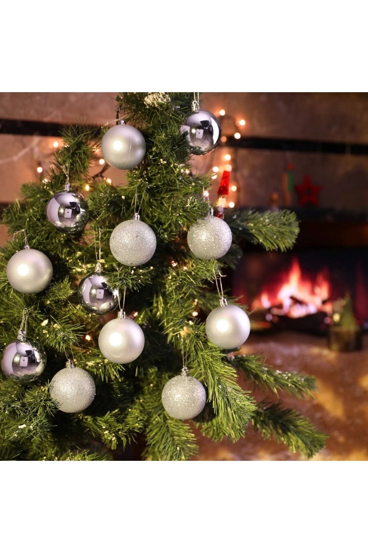 12 Adet Gümüş 6 Cm Yılbaşı Topu, Adet Noel Topu, Çam Ağacı Topu, Süs Topu