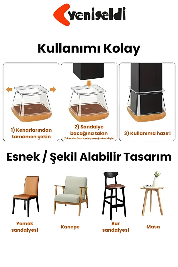 8 Adet Kare Sandalye Papucu (2.3–2.7cm) Şeffaf Silikon Kalın Keçeli Zemin Koruyucu Mobilya Ayağı