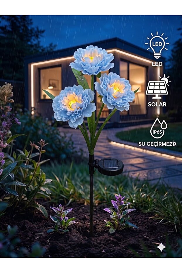 Yenigeldi Şakayık Güneş Enerjili Solar Bahçe Aydınlatması - 3 dallı Mavi Şakayık Çiçek Tasarımlı LED Lamba (IP65 Su Geçirmez, Akıllı Gece Sensörlü)
