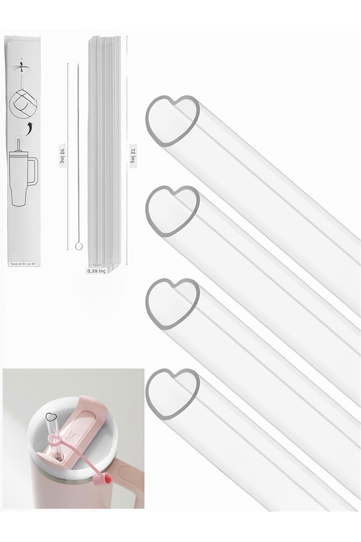 Yenigeldi 30 cm Stanly Quencher Uyumlu Tritan Malzeme Kalp Pipet ( 4 pipet + 1 Fırça)
