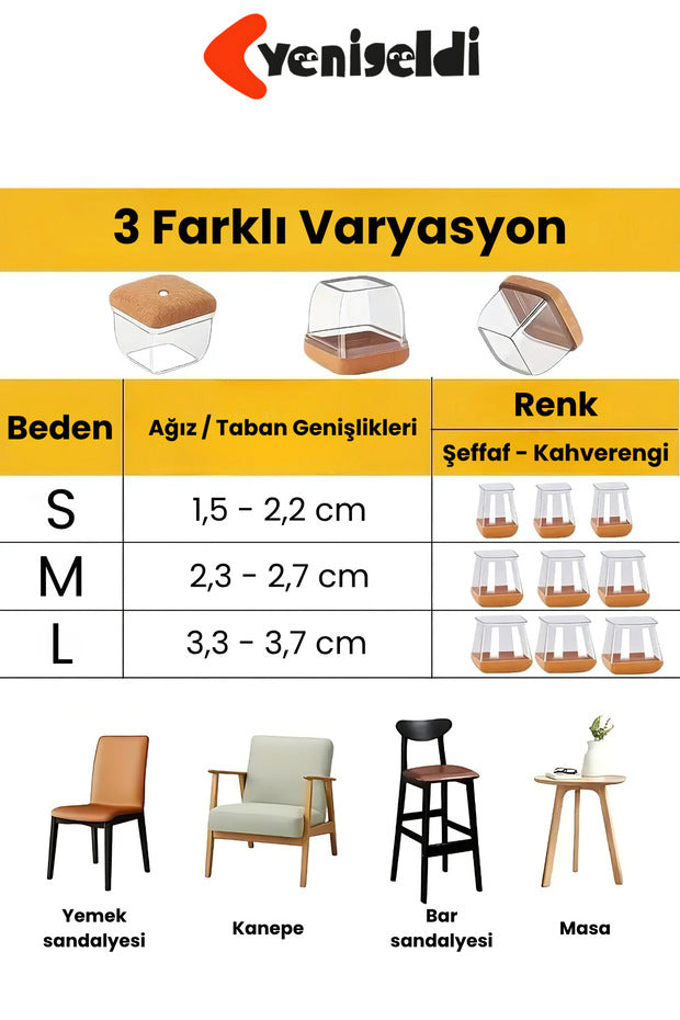 4 Adet Kare Sandalye Papucu (1.5–2.2CM) Şeffaf Silikon Kalın Keçeli Zemin Koruyucu Mobilya Ayağı