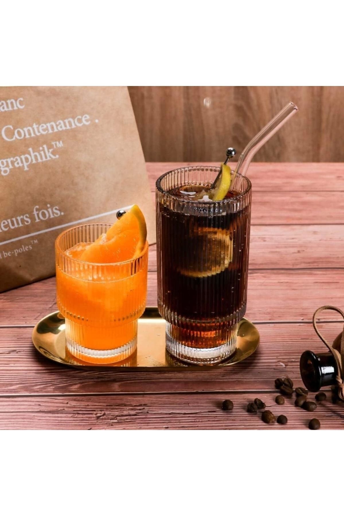 2 Adet Origami Şekilli Şeffaf Cam Bardak (1 B +1 K +2 Cam Pipet +1 Fırça) Buzlu Kahve, Kokteyl Barda