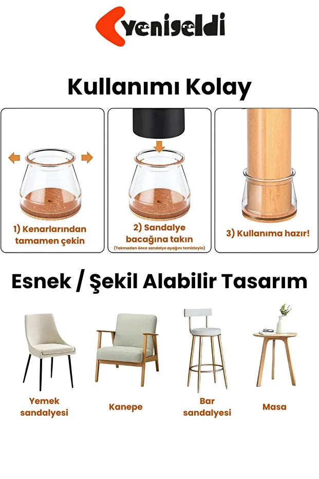 Yenigeldi 4 Adet Yuvarlak Sandalye Papucu (2.0–2.4 cm) Şeffaf Silikon İnce Zemin Koruyucu Keçeli Ayak Kılıfı