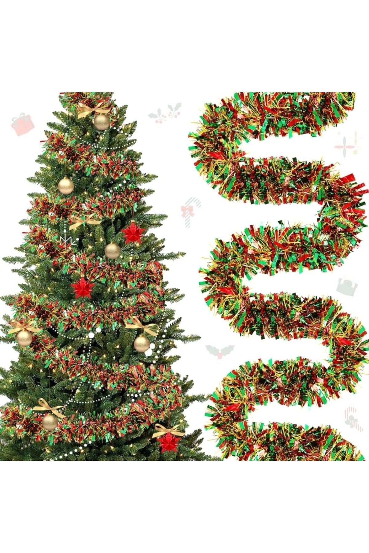 2 Adet 1.7m Cicili Bicili Yılbaşı Püskül Metalik Noel Ağacı Parlak Çelenk Süslemeleri (kırmızı Yeşil