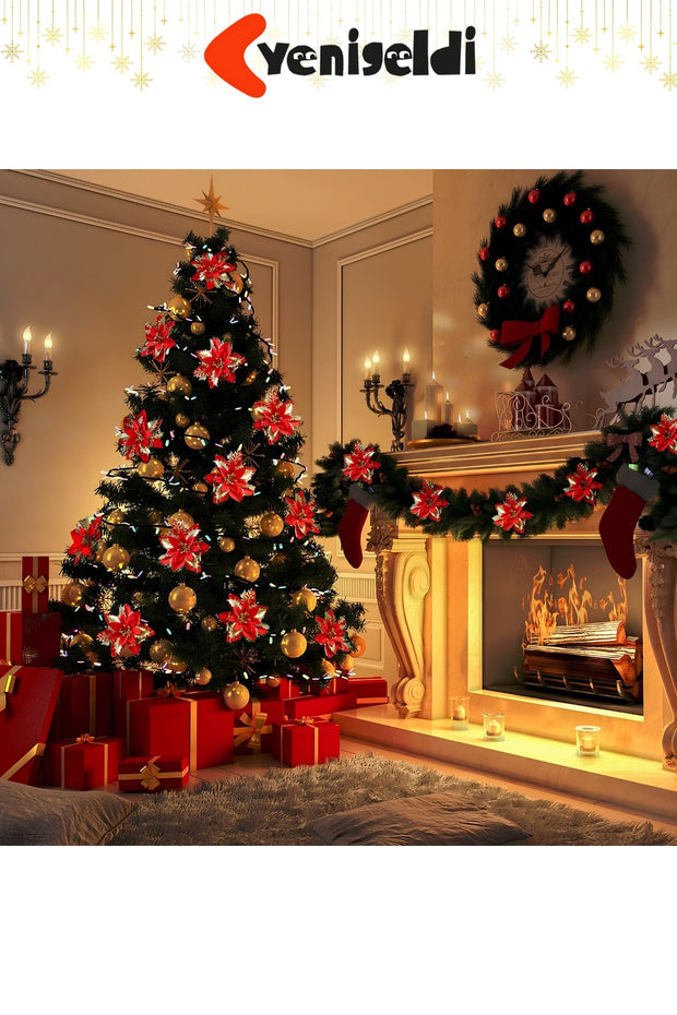 Yenigeldi 4 Adet Simli Atatürk Çiçeği Yılbaşı Ağacı Süsü Noel Çiçeği Kırmızı Gold 14 cm