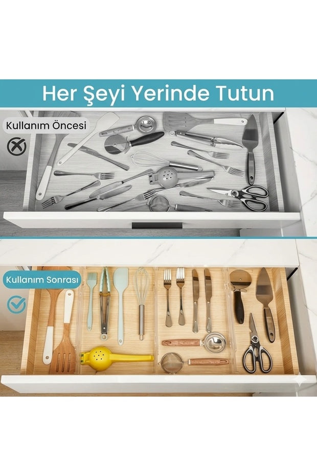 Yenigeldi 12 Adet Ayarlanabilir Kilitli Çekmece Bölme Organizer - Sürdürülebilir ve Çevreci Malzeme, Uzayan Kısalan Çekmece İçi Düzenleyici Aparat (Bebek Odası, Mutfak, Gardırop İçin)