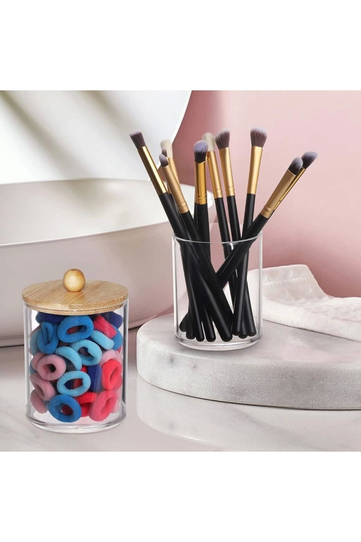 2 Adet Bambu Kapaklı, Şeffaf Cam Kavanoz, Çubuk, Pamuk, Diş Ipi, Makyaj Fırçası Organizatörü