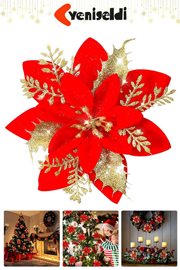 Yenigeldi 4 Adet Simli Atatürk Çiçeği Yılbaşı Ağacı Süsü Noel Çiçeği Kırmızı Gold 14 cm