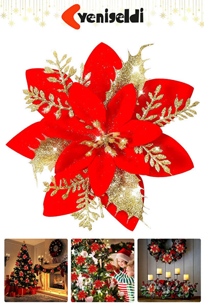 Yenigeldi 4 Adet Simli Atatürk Çiçeği Yılbaşı Ağacı Süsü Noel Çiçeği Kırmızı Gold 14 cm