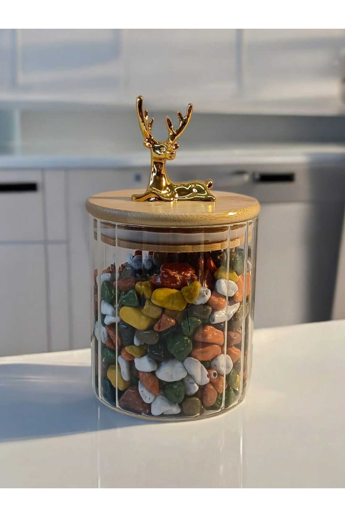 Yenigeldi (9x10 CM) 2 Adet Geyikli Cam Saklama Kavanozu Geyik Başı Altın Renk Hava Geçirmez Y-422
