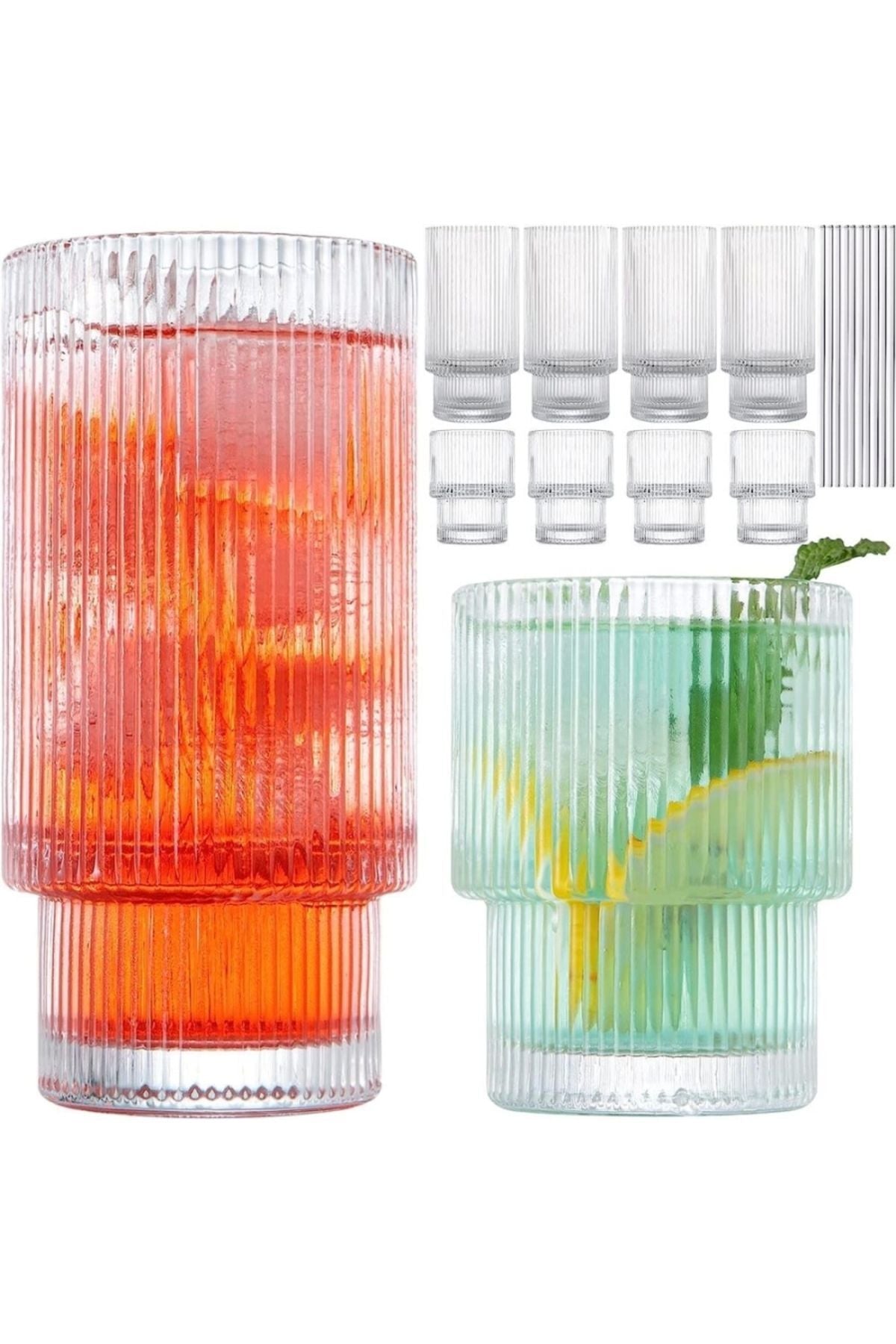 2 Adet Origami Şekilli Şeffaf Cam Bardak (1 B +1 K +2 Cam Pipet +1 Fırça) Buzlu Kahve, Kokteyl Barda