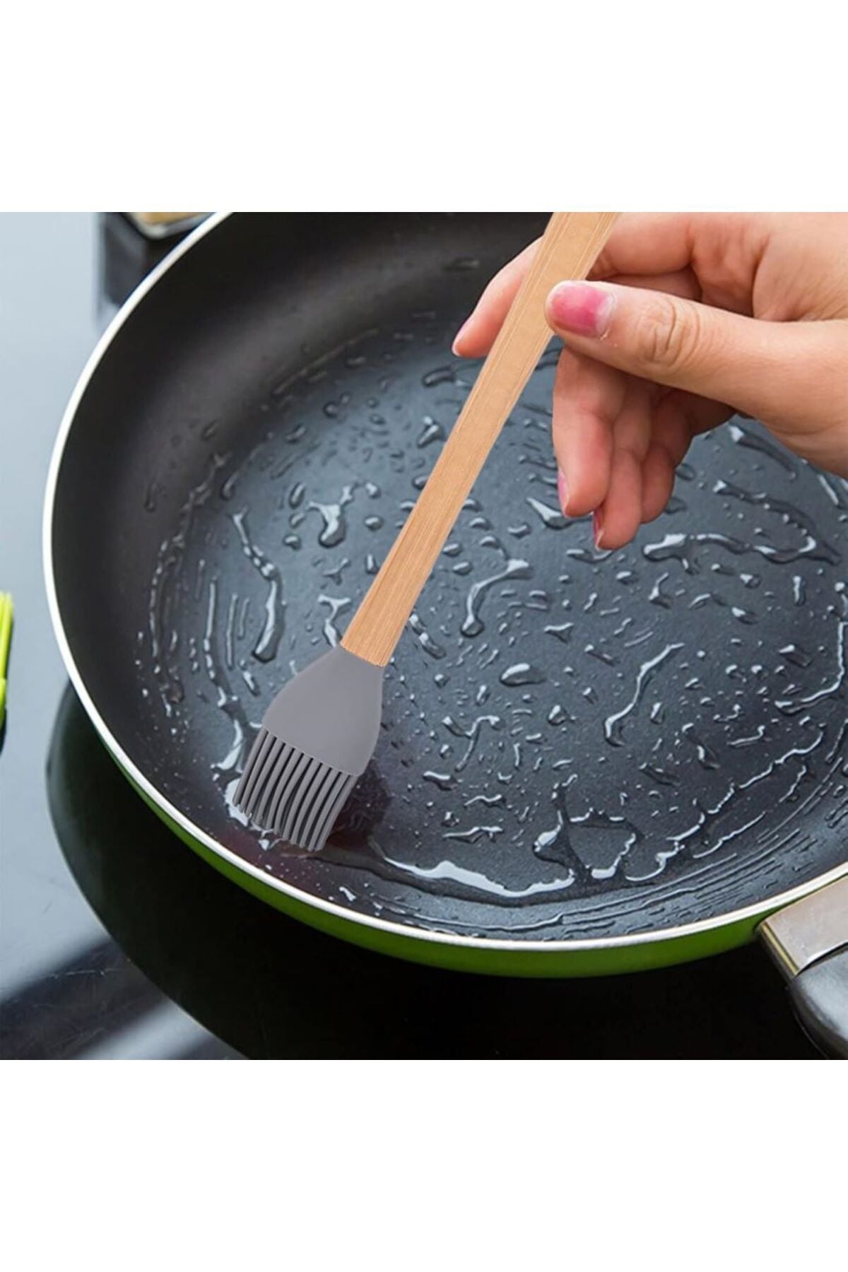 Yenigeldi 3 Adet 21 cm Pastel Renk Bambu Saplı Mini Silikon Pişirme Seti, ( Kaşık,Fırça,Spatula)