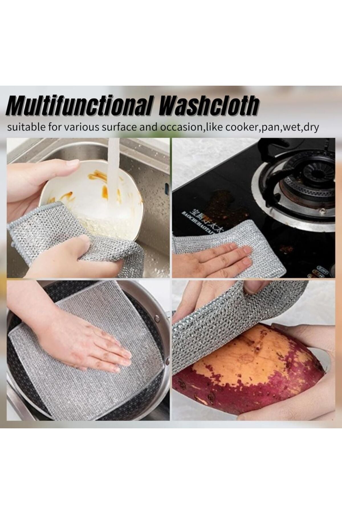 3 Adet Çift Katlı Çok Amaçlı Mucize Mikrofiber Inox Bez Telli Bulaşık Bezi , Mutfak Banyo Bezi