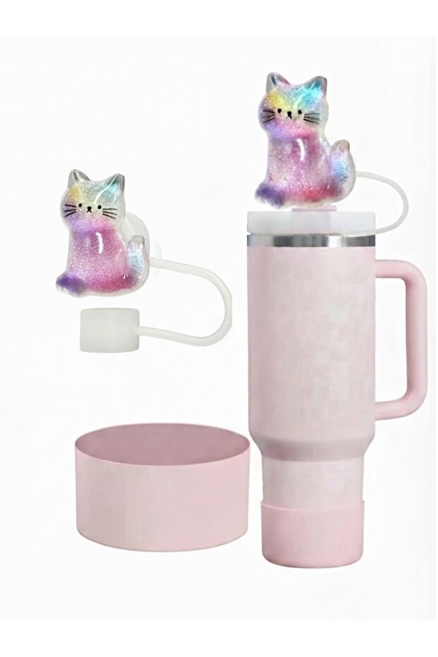 Yenigeldi Stenley Quencher Uyumlu Simli Kedi Figürlü Pipet Tıpası ve Silikon Taban Koruyucu Seti - Pudra Pembe