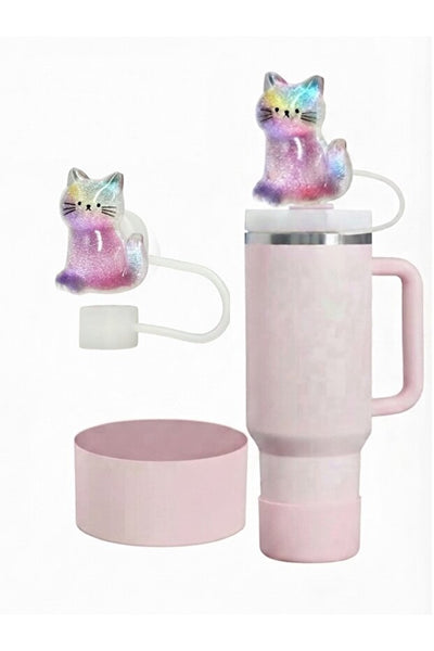 Yenigeldi Stenley Quencher Uyumlu Simli Kedi Figürlü Pipet Tıpası ve Silikon Taban Koruyucu Seti - Pudra Pembe